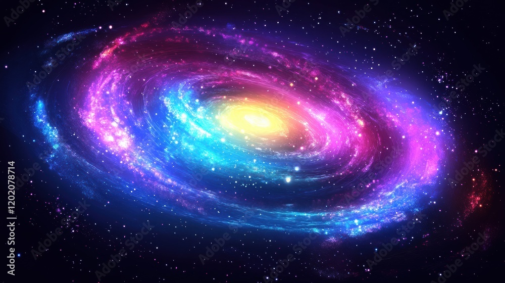 Poster colorful galaxy with swirling nebula and glowing planets in deep space at night. generative ai