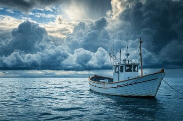 Fototapeta premium A white fishing boat floats on a calm sea under a dramatic, stormy sky.