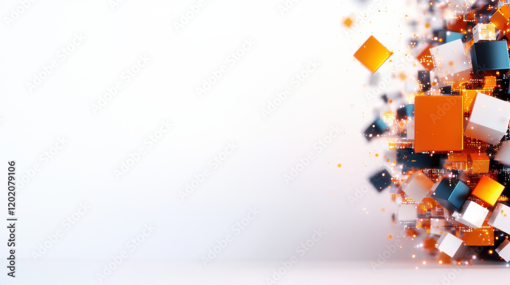 Poster Dynamic abstract composition of colorful cubes and particles