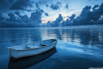 Obraz premium A weathered white rowboat sits alone on a calm, blue ocean under a dramatic, cloudy sky at sunset.