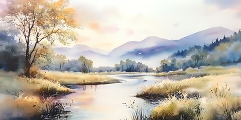 watercolour  forest, - nature painting of the river landscape tree art  design , a picturesque natural environment in soft harmonious colours 