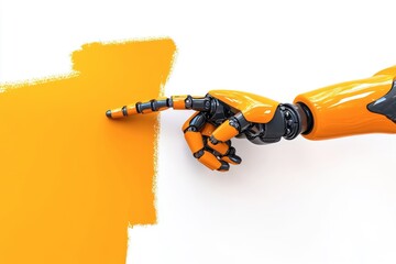 Naklejka premium Robotic Hand Applying Bright Orange Paint on White Background