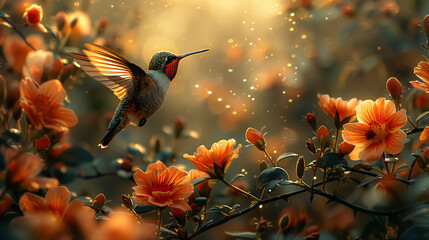 Autumn leaves floating in water with a ruby- throated hummingbird flying near a flower in the morning