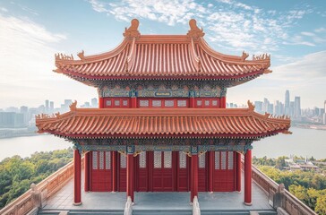 Fototapeta premium Traditional Chinese Pavilion Overlooking a Modern City Skyline with River and Greenery, Showcasing Cultural Heritage and Urban Development Harmony