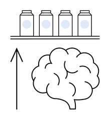 Supplement jars on a shelf, upward arrow pointing to a brain illustration. Ideal for health, wellness, brain research, dietary supplements, cognitive function, mental health, educational materials