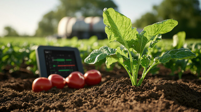 vibrant green plant grows in rich soil, surrounded by ripe tomatoes and digital tablet displaying farming data. This scene captures essence of modern sustainable agriculture