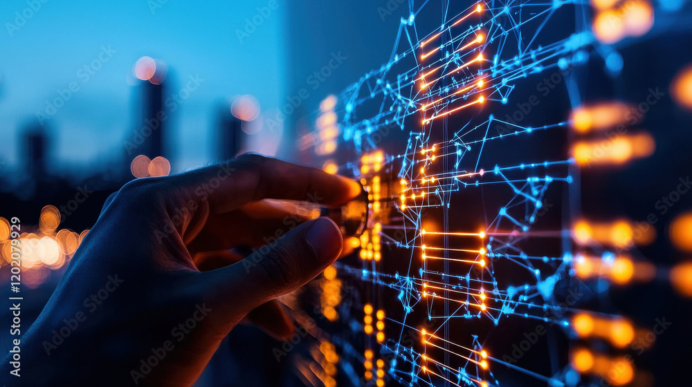 Aufkleber futuristic digital interface with glowing connections and hand interaction, symbolizing technology a