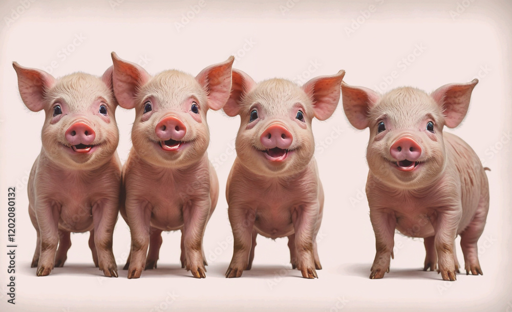 Poster four cute little pigs standing in a row, smiling and looking at the camera. concept of warmth and ha