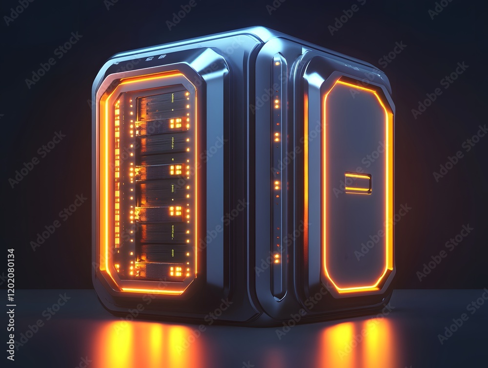 Poster futuristic server cube with glowing orange accents. this high-tech design represents advanced comput