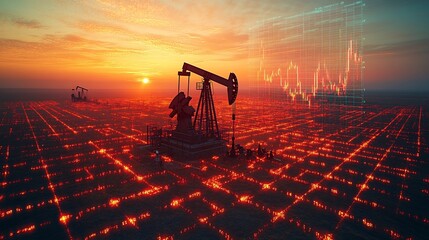 Oil Industry Sunset:  A fiery landscape of oil wells reflecting the volatile energy market's graph at sunset.
