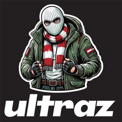 illustration vector graphic of Football fans ultras hooligan wear balaclava use football scarf design for logo, t-shirt, etc