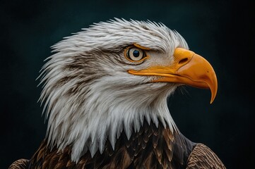 Obraz premium Closeup portrait of a bald eagle against a dark background. The image showcases the bird's intense gaze and intricate feathers.