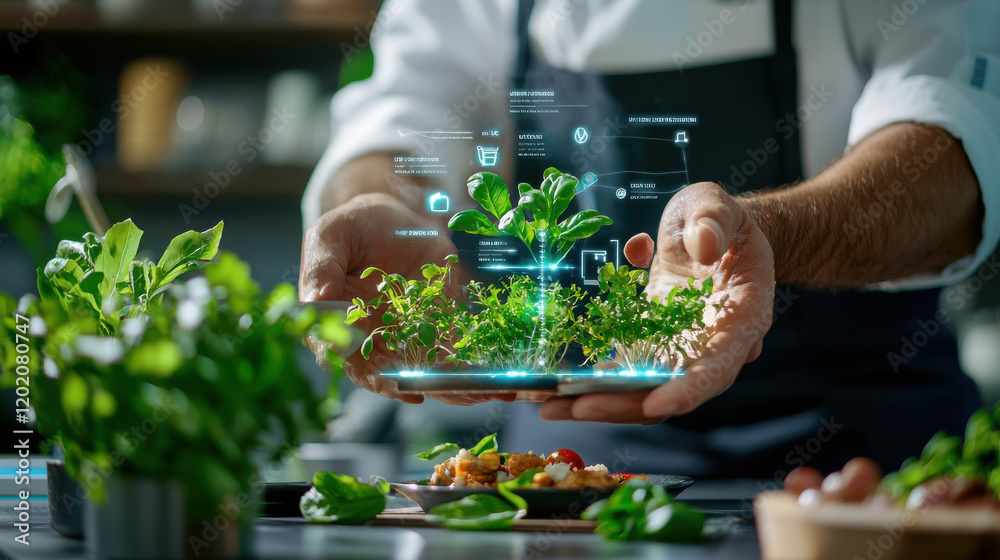 Aufkleber chef showcasing futuristic dish with digital elements and fresh herbs, emphasizing innovation in cul