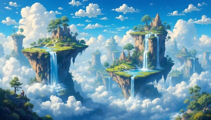 Floating Island Paradise Fantasy Waterfall Landscape Art