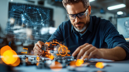 focused engineer working on 3D model with digital overlays, showcasing innovation and precision in design. atmosphere is filled with creativity and technical expertise