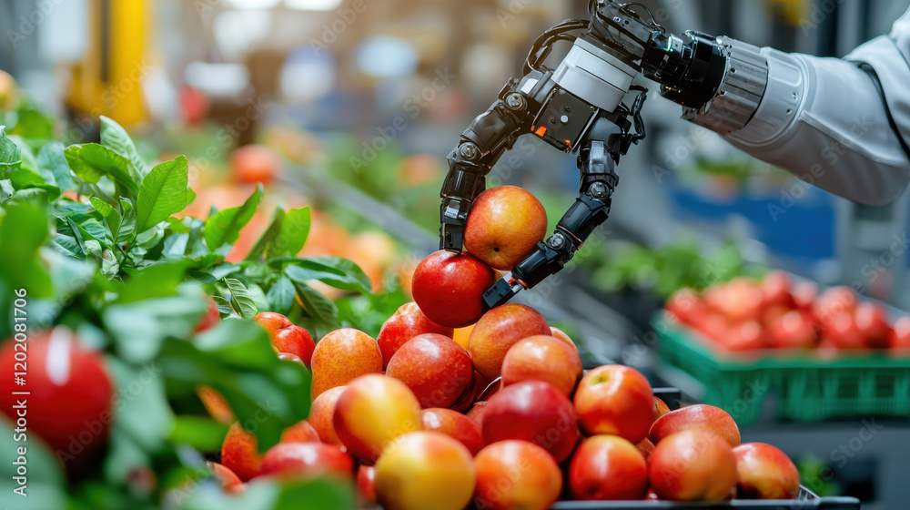 Leinwandbilder High resolution image of robotic arm sorting apples in warehouse. automation enhances efficiency in fruit handling and sorting processes
