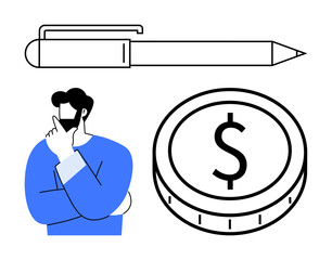 Man in thought with blue shirt beside pen and dollar coin. Ideal for finance, planning, creativity, investment, budgeting, writing, business strategy. Abstract line flat metaphor
