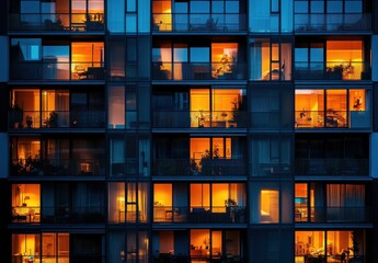 Urban Evening Glow: Illuminated Windows of a Modern Apartment Building Showcasing Lively Interiors, Architectural Design, and City Life at Dusk