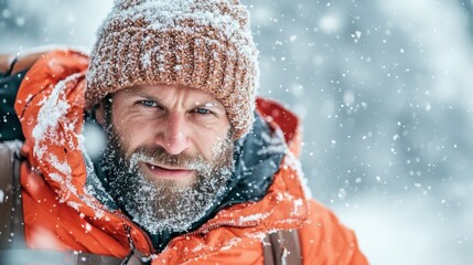 A focused man with a frosty beard showcases determination and spirit in a snowy landscape, reflecting the challenges and joys of an outdoor winter adventure.