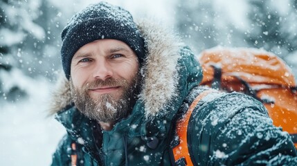 A bearded man in a warm hat and winter coat poses against a beautiful snowy landscape, reflecting the joy and serenity found in outdoor winter adventures.