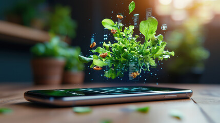 smartphone displaying high tech food delivery app with floating greenery and digital elements, symbolizing innovation in sustainable food sourcing