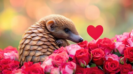 Obraz premium Pangolin surrounded by roses and heart symbol in a romantic setting. The 14th of February. Happy Valentine's Day
