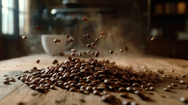 Roasted coffee beans falling onto wooden table near a cup.