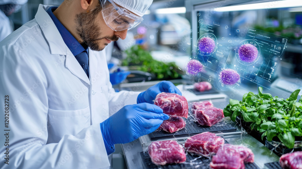 Leinwandbilder high tech food lab with scientists analyzing lab grown meat and data. atmosphere is innovative and f