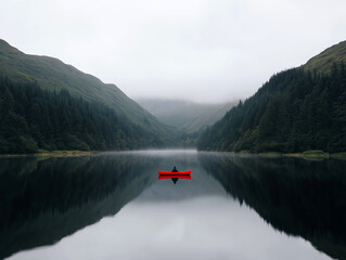 Obraz premium Lonely Red Canoe on Still Lake Surrounded by Misty Forest 