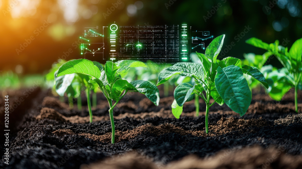 Poster High tech farming with digital monitoring of plant growth in soil. Innovative agriculture using technology for crop management and sustainability