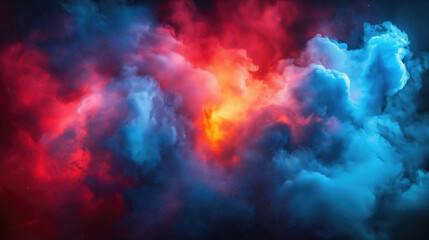 Vibrant abstract cloudscape with red and blue smoky hues in dark sky
