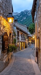 Fototapeta premium Explore the narrow cobblestone street at night, where illuminated lanterns and stone walls create a historic ambiance.