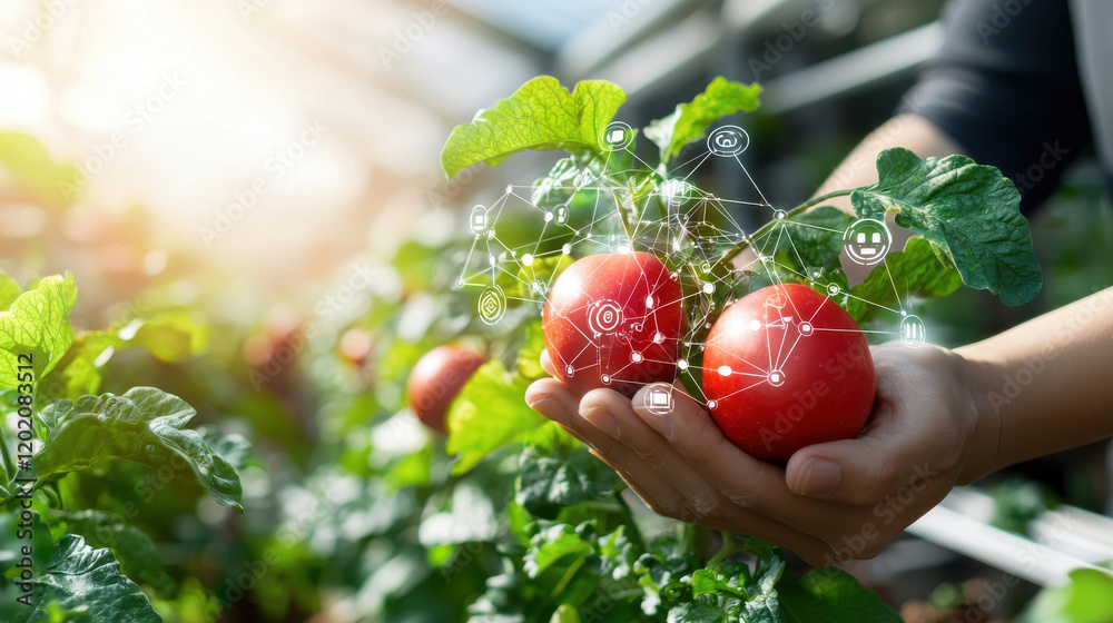 Poster high tech fruit farm with sensors monitoring ripe tomatoes and plants. image showcases innovation in