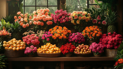 Vibrant Floral and Fruit Display in a Rustic Setting