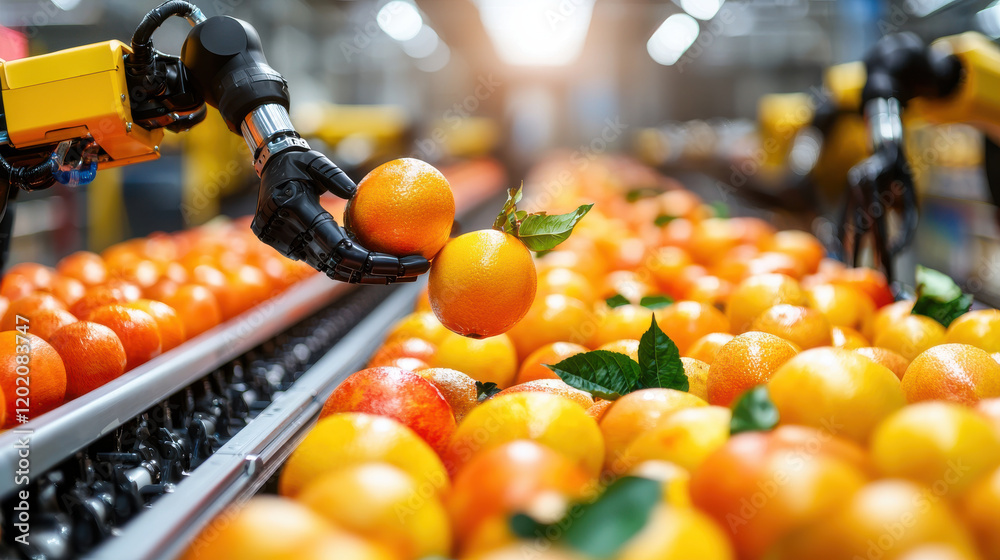 Poster High tech fruit processing line with robots inspecting oranges, showcasing automation in agriculture. scene highlights efficiency and innovation in food production