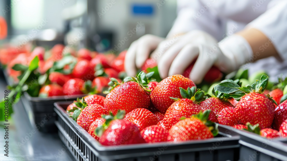 Poster fresh strawberries being sorted and packed in high tech facility, showcasing precision of fruit proc