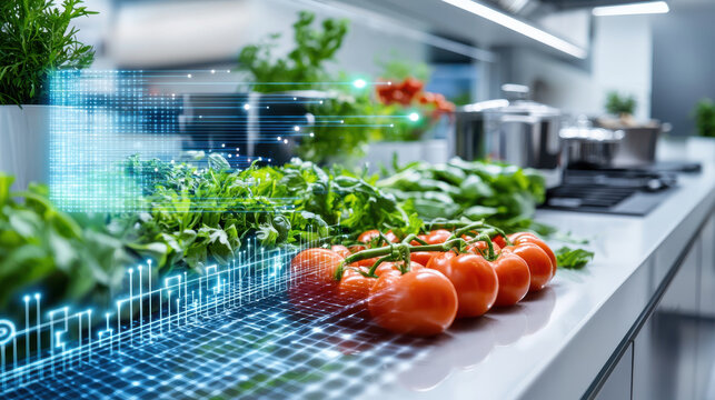Fresh tomatoes and greens in high tech kitchen with digital sensors enhancing food preparation. modern design promotes efficiency and innovation in cooking
