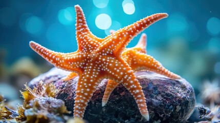 An exceptional orange starfish rests on a rocky ocean floor, surrounded by marine plants and shimmering bubbles that enhance its vibrant colors and texture.
