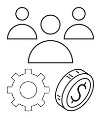 People icons symbolizing teamwork, gear showing process, and coin for financial goals. Ideal for business, finance, collaboration, operations, innovation, productivity abstract line flat metaphor