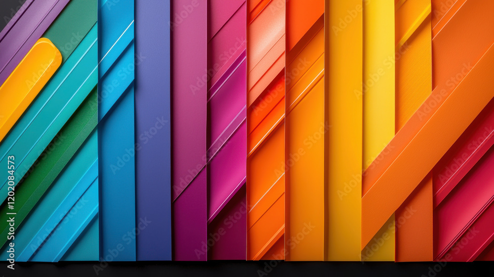 Poster vibrant flat lay of colorful paper sheets arranged in stripes, showcasing spectrum of hues from blue