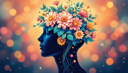 Serene Woman Silhouetted with Vibrant Floral Crown
