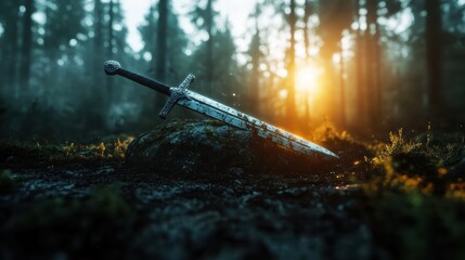 A majestic sword gleams on a stone as the sun sets behind, painting the forest in warm tones, highlighting themes of valor and the passage of time in nature’s embrace.
