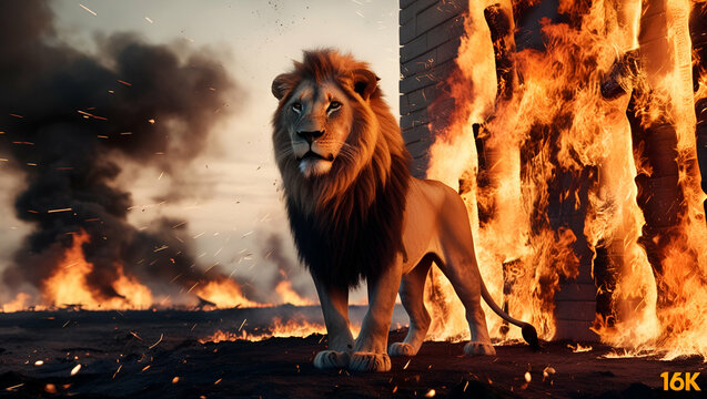 A lion standing and big flames of firebackground