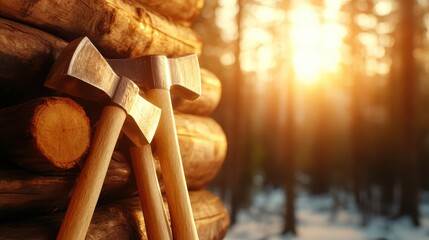 A close-up view of axes resting against a pile of firewood, bathed in the soft golden light of sunset that highlights the tools of the trade and the beauty of outdoor working life.