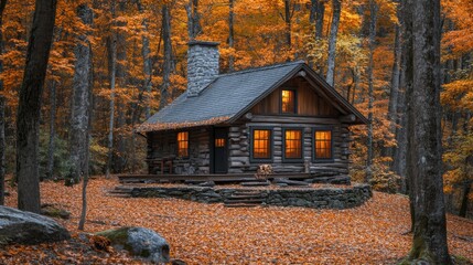 Rustic Log Cabin Nestled Amidst Vibrant Autumn Foliage with Cozy Interior Light Glowing Through the Windows