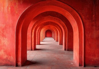 Fototapeta premium Vibrant red architectural arches creating a stunning perspective view of a tranquil corridor, showcasing intricate lines and warm tones in a historic setting