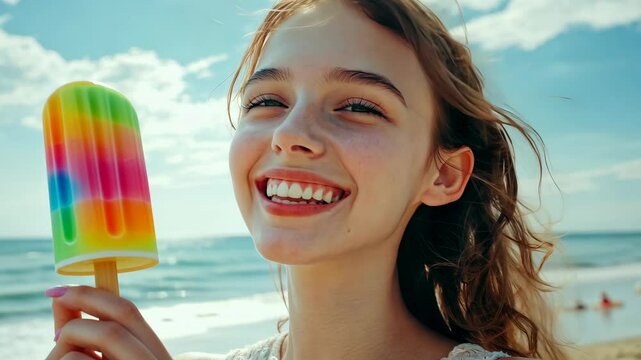 young woman with a colorful popsicle ice cream, on beach background. A beautiful girl having fun and smiling while holding a popsicle. 