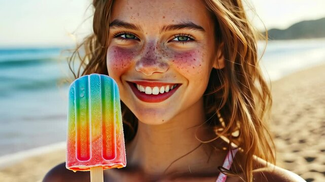 young woman with a colorful popsicle ice cream, on beach background. A beautiful girl having fun and smiling while holding a popsicle. 