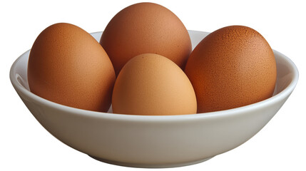 Organic eggs in a white bowl ready to be used, isolated on transparent background