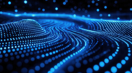 Futuristic digital landscape with glowing blue dots and waves